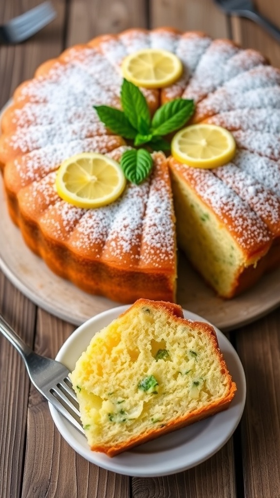 A slice of lemon zucchini cake dusted with powdered sugar, garnished with lemon slices and mint, on a rustic table.